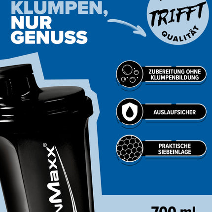 IronMaxx proteīna kratītājs - naktsmelns 700ml | Olbaltumvielu kratītājs ar skrūvējamu vāciņu, sietu un mērīšanas skalu | Neizplūstošs, mazgājams trauku mazgājamā mašīnā un bez plastifikatoriem BPA un DEHP