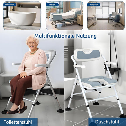 CYHWQ saliekamais tualetes krēsls ar polsterētu sēdekli un tualetes spaini, regulējams augstuma tualetes krēsls senioriem, dušas krēsls, saliekams tualetes krēsls ar roku balstu un atzveltni