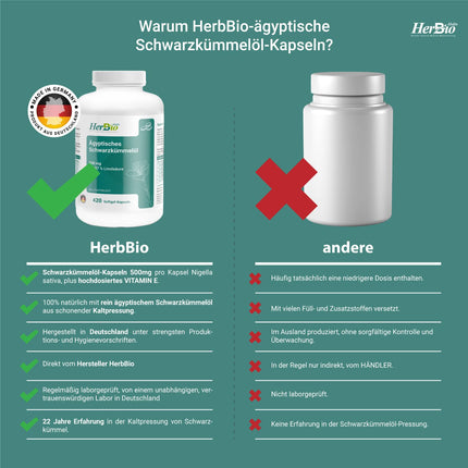 HerbBio Ēģiptes melno ķimeņu eļļas kapsulas 500 mg 420 mīkstās želatīna kapsulas - tostarp 57% linolskābes - augstākās kvalitātes auksti spiestas - 100% liellopu želatīns Halal sertificēts - laboratorijā pārbaudīts - melno ķimeņu eļļas kapsulas