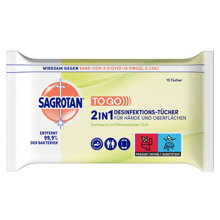 Sagrotan 2-in-1 dezinfekcijas salvetes ar citronu ziedu aromātu – roku un virsmu dezinfekcijai – 15 salvetes