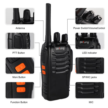 pofung rācijas profesionālās rācijas PMR446 baofeng Talkies 88E/888S rokas rotaļu rācija, rācija ar LED lukturīti un austiņām, USB savienojumu (2 gab.), 94*45*30mm, melnas