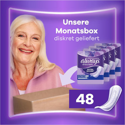 Always Discreet urīna nesaturēšanas ieliktņi, Ultimate Day mēneša iepakojums urīnpūšļa vājuma gadījumā, 48 ieliktņi (4 iepakojumi x 12)