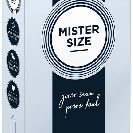 MISTER SIZE prezervatīvi – īpaši plāni un ultraplāni – reālistiska sajūta un īpaši mitri – ideāli pieguļ – izgatavoti no dabīgā kaučuka lateksa dabiskai sajūtai un maksimālai drošībai (10 gab. iepakojumā, 53 mm)