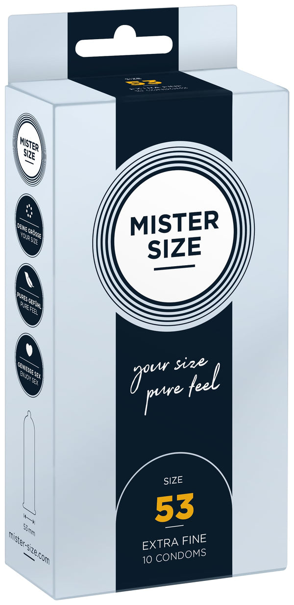 MISTER SIZE prezervatīvi – īpaši plāni un ultraplāni – reālistiska sajūta un īpaši mitri – ideāli pieguļ – izgatavoti no dabīgā kaučuka lateksa dabiskai sajūtai un maksimālai drošībai (10 gab. iepakojumā, 53 mm)