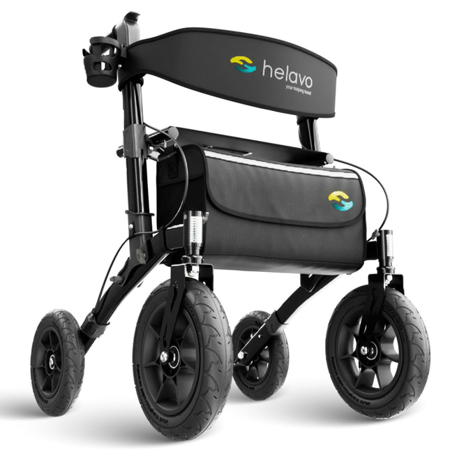 Helavo rollators ar pneimatiskajām riepām lietošanai ārpus telpām - salokāms un viegls rollators ar sēdekli, alumīnija āra staigulītis - viegls, salokāms rollators lietošanai ārpus telpām