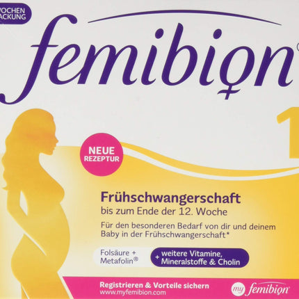 Femibion ​​​​1 grūtniecības sākumā, ikdienas uztura bagātinātājs 1.–12. nedēļai, ar holīnu, folskābi, metafolīnu, 4 nedēļu iepakojums, 28 tabletes