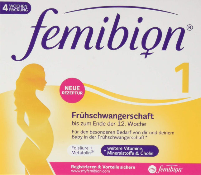 Femibion ​​​​1 grūtniecības sākumā, ikdienas uztura bagātinātājs 1.–12. nedēļai, ar holīnu, folskābi, metafolīnu, 4 nedēļu iepakojums, 28 tabletes