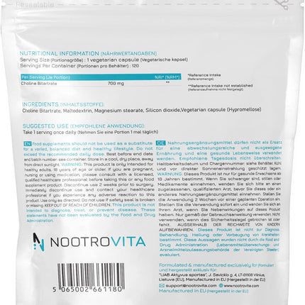 Augstas devas holīns — 700 mg vienā kapsulā — 120 holīna kapsulas | 4 mēneši! | Aknu darbībai, atmiņai, smadzenēm un koncentrēšanās spējām | Vegāns, Bez glutēna | Nootrovita