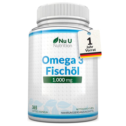 Omega 3 zivju eļļa 1000 mg - 365 kapsulas augstā devā - 900 mg EPA un DHA vienā devā triglicerīdu veidā - Tīra zivju eļļa no ilgtspējīgas zvejas - Neaizstājamās Omega 3 taukskābes - Nu U Nutrition
