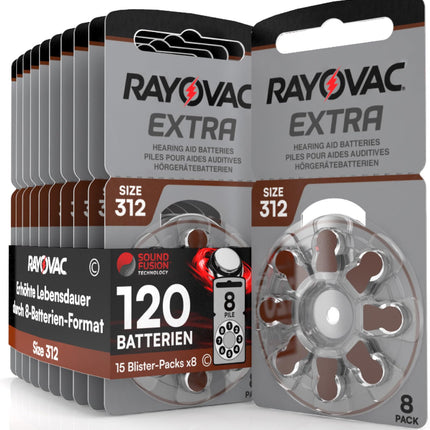 120 dzirdes aparātu baterijas Rayovac Extra 312 ar Sound Fusion tehnoloģiju, 15x8 gab.