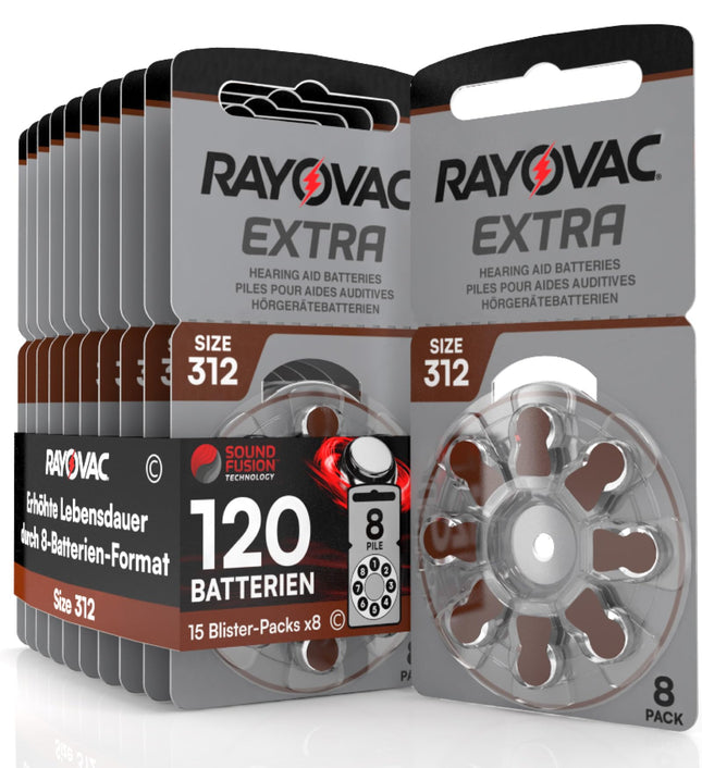 120 dzirdes aparātu baterijas Rayovac Extra 312 ar Sound Fusion tehnoloģiju, 15x8 gab.