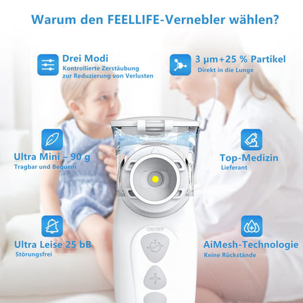 FEELLIFE inhalators bērniem, inhalators pieaugušajiem, inhalators bērniem, uzlādējams, kluss rokas inhalators Air Pro VIII ar AIMESH tehnoloģiju bērniem, pieaugušajiem, mazuļiem