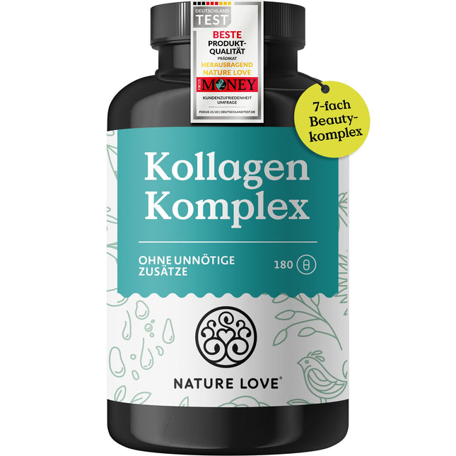 NATURE LOVE® kolagēna komplekss – 180 kapsulas – ar hialuronskābi, biotīnu, selēnu, cinku, C vitamīnu no acerolas un silīciju no bambusa ekstrakta – augstas devas kolagēns – laboratoriski pārbaudīts un ražots Vācijā