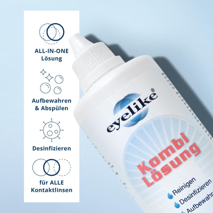 Eyelike Combination Solution – One-Step Care System – ideāli piemērots mīksto kontaktlēcu tīrīšanai, dezinfekcijai un uzglabāšanai – 360 ml