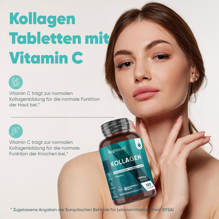 Kolagēna tabletes ar C vitamīnu - 1800 mg kolagēna hidrolizāta vienā porcijā - 1. un 3. tipa kolagēna peptīdi - 180 tabletes - 2 mēnešu krājumi - WeightWorld
