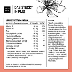Pure Ella Vital uzturvielu komplekss sievietēm - satur vijoles ogas, aveņu mēli, safrānu, C vitamīnu, B6 vitamīnu un cinku - periodam pirms menstruācijām - dabīgs, bez hormoniem, vegāns - 60 kapsulas