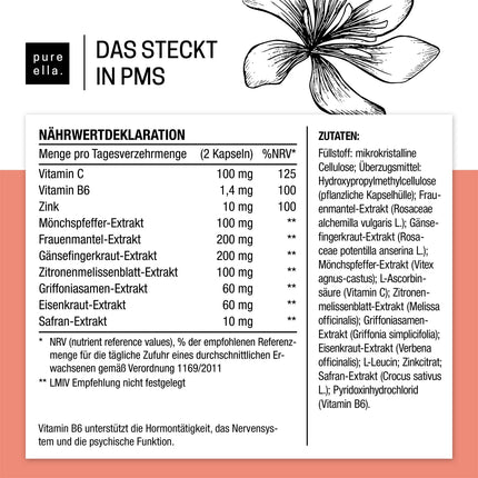 Pure Ella Vital uzturvielu komplekss sievietēm - satur vijoles ogas, aveņu mēli, safrānu, C vitamīnu, B6 vitamīnu un cinku - periodam pirms menstruācijām - dabīgs, bez hormoniem, vegāns - 60 kapsulas