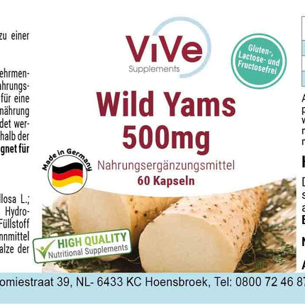 Savvaļas jama ekstrakts 500 mg - 60 kapsulas Savvaļas jamss ar 20% diosgenīna - augsta deva un vegāns - Dioscorea villosa | Kvalitāte no Vācijas, ko nodrošina ViVe Supplements