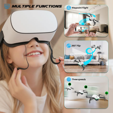 SIMREX drons ar 1080P kameru, vienas taustiņa pacelšanās drons, lidošana ar ceļa punktiem, automātiska sekošana, 3D apgriešana, 3 ātrumi, tālvadības drons bērniem un pieaugušajiem, balts