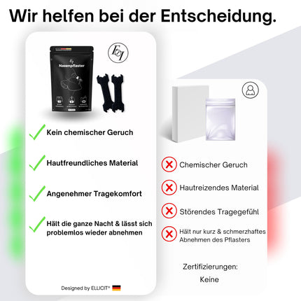 Ellicit® deguna plāksnītes, melnas, 30 gab. iepakojumā, augstākās kvalitātes deguna plāksnītes, pret krākšanu, papildu atbalsts sportam un labāka miega kvalitāte, labāka elpošana ar aizliktu degunu, deguna plāksnītes (komforts)