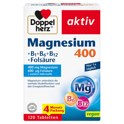 Doppelherz Magnijs 400 + B1 + B6 + B12 + folskābe - Magnijs atbalsta normālu muskuļu darbību un enerģijas metabolismu - 120 vegānas tabletes