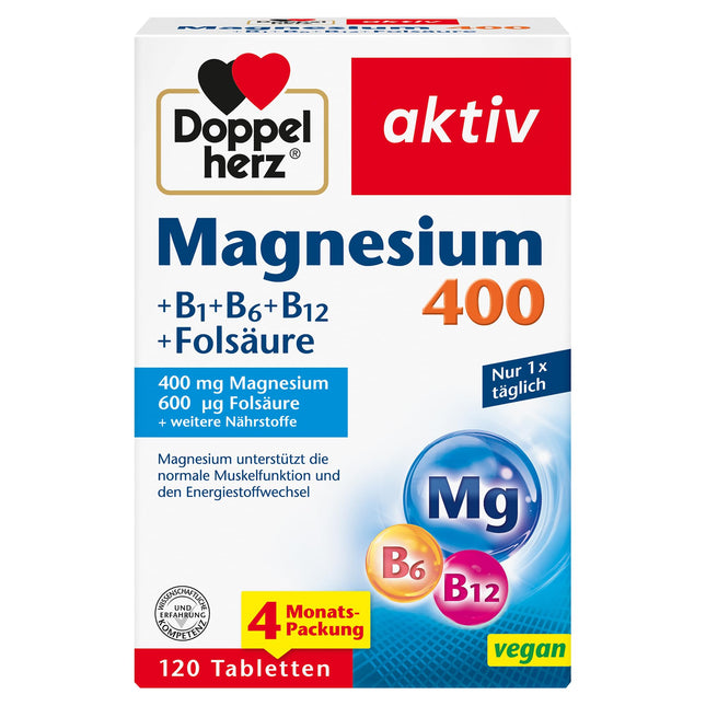 Doppelherz Magnijs 400 + B1 + B6 + B12 + folskābe - Magnijs atbalsta normālu muskuļu darbību un enerģijas metabolismu - 120 vegānas tabletes
