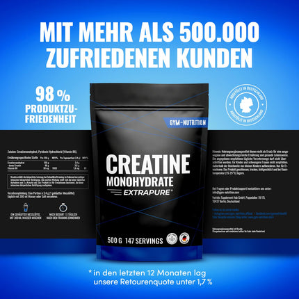 Kreatīna monohidrāta pulveris 500g - mikronizētas kvalitātes kreatīna monohidrāts ar optimāli augstu devu - tīrs, bez piedevām, 100% vegāns - iepakojums var atšķirties