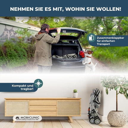 Mobiclinic®, iepirkšanās ratiņu rullītis, gājējs ar lielu iepirkumu maisiņu un sēdekli, 21L, salokāms, viegls, iepirkumu grozs, dubultā bremžu sistēma, staigāšanas palīgierīce, izgatavots no tērauda, ​​stabils