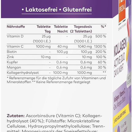 Merz Spezial Kollagen Active Duo Day &amp; Night – skaistuma kompleksa tabletes ar kolagēnu, C vitamīnu, cinku, mangānu + biotīnu – uztura bagātinātājs ar divkāršu formulu – 1 x 112 tabletes