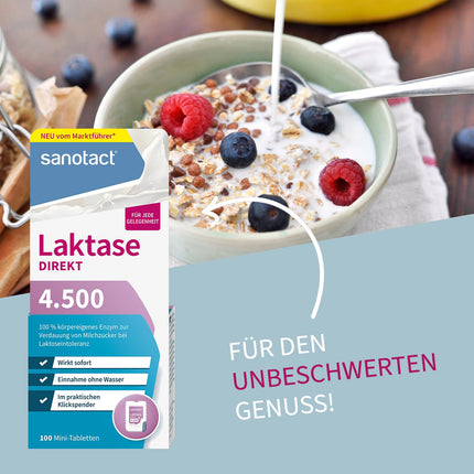 sanotact Lactase Direct 4500 mini tabletes – 100 gab. | Laktozes nepanesības gadījumā | Tūlītēja iedarbība | Var lietot bez ūdens | Praktisks dozators ar klikšķi
