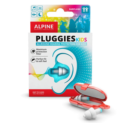 Alpine Pluggies bērnu ausu aizbāžņi - Bērniem un maziem ausu kanāliem - Lidošanai un peldēšanai - Ērts hipoalerģisks materiāls - Atkārtoti lietojami dzirdes aizsargi