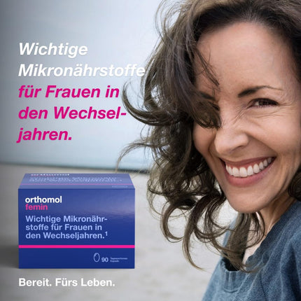 Orthomol Femin - Mikrouzturvielas sievietēm menopauzes laikā - ar biotīnu, selēnu, cinku, naktssveces eļļu, koenzīmu Q10, 90 porcijas dienā