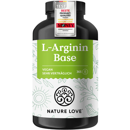 NATURE LOVE® L-arginīna bāze ar citrulīnu - 365 kapsulas - Augstas kvalitātes augu izcelsmes arginīns BĀZES formā ar 99,7+% tīrību - Augsta deva, vegāns, ražots Vācijā