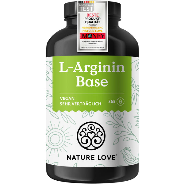 NATURE LOVE® L-arginīna bāze ar citrulīnu - 365 kapsulas - Augstas kvalitātes augu izcelsmes arginīns BĀZES formā ar 99,7+% tīrību - Augsta deva, vegāns, ražots Vācijā