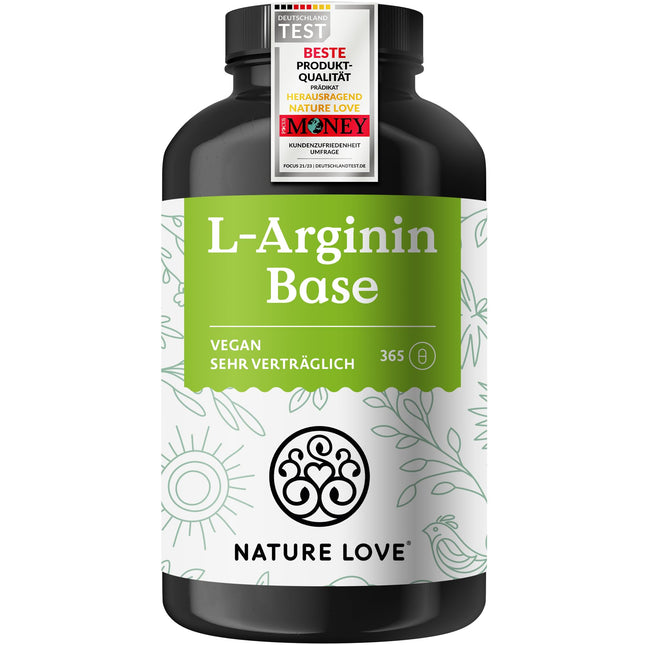 NATURE LOVE® L-arginīna bāze ar citrulīnu - 365 kapsulas - Augstas kvalitātes augu izcelsmes arginīns BĀZES formā ar 99,7+% tīrību - Augsta deva, vegāns, ražots Vācijā