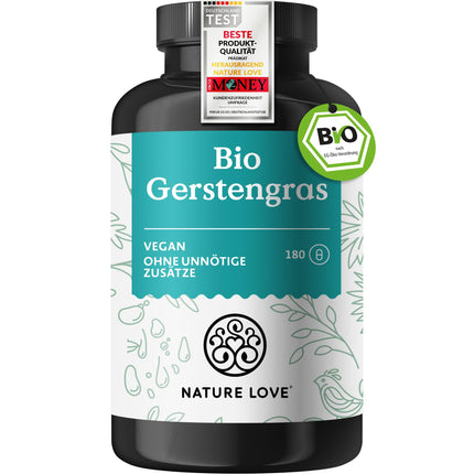 NATURE LOVE® Bioloģiskā miežu zāle - 1500 mg dienā - no Vācijas audzētavām - 180 kapsulas - Augsta deva, laboratorijā pārbaudīta, sertificēta kā bioloģiska, ražota Vācijā