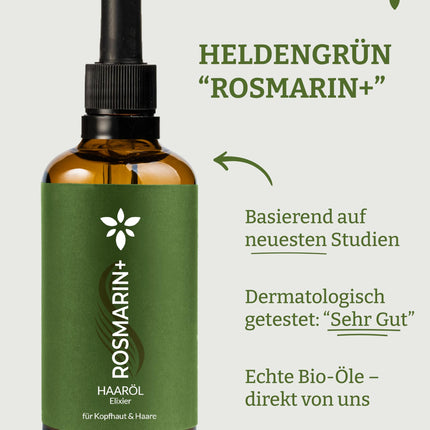 Heldengrün® ORGANISKĀ Rozmarīna+ matu eļļa [AUGSTA DEVA] Dermatoloģiski pārbaudīta - Dabīgs matu kopšanas līdzeklis ar jojobu un rozmarīnu - Rozmarīna eļļa matiem - Ēterisko eļļu maisījums