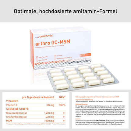 amitamin arthro GC MSM Glikozamīns un hondroitīns un MSM plus C vitamīns | 120 kapsulas | Aptiekas kvalitāte | individuāli higiēniski iepakoti | bez nevajadzīgām piedevām | Vācu produkcija