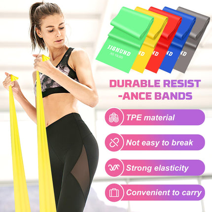 5 daļu fitnesa joslu komplekts, 1,5 m vingrošanas lentes pretestības lentes 5 stipruma pakāpēs, fitnesa lentes pretestības lentes Pilates jogas spēka treniņiem vīriešiem un sievietēm