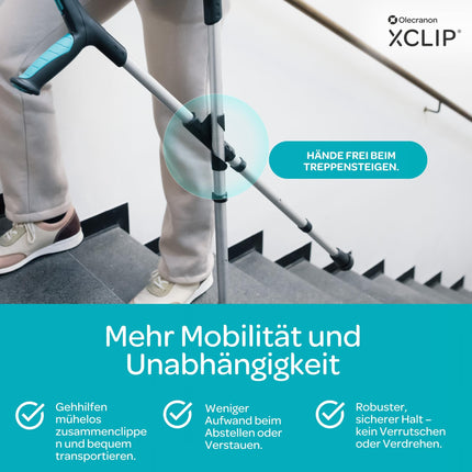 XCLIP apakšdelma kruķu turētājs kustībā — viegls, pārnēsājams 20–22,6 mm nūjas turētājs — iešanas palīglīdzekļa turētājs — ātri un vienkārši uzstādāms kruķu aksesuārs