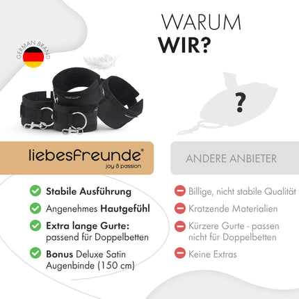 liebesfreunde® Bondage Set Bed Restraints Seksa rotaļlieta pāriem I Īpaši stabils BDSM bondage komplekts ar gultas ierobežojumiem, roku dzelžiem, aizsietām acīm