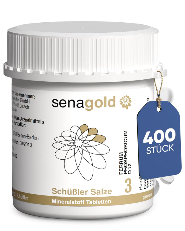 Senagold Schuessler sāls Nr. 3 — Ferrum phosphoricum D12 tabletes — bez lipekļa (400 tabletes)