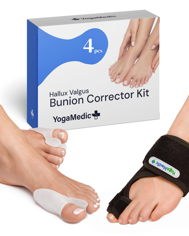 YOGAMEDIC Hallux valgus korekcijas komplekts - 2 pirkstu atdalītāji un 2 Hallux valgus šinas - 0% BPA pirkstu atdalītāja zolītes apaviem, āmurveida pirksta korekcija, pirkstu aizsardzības dienas un nakts pārsējs sievietēm un vīriešiem