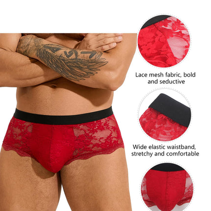 ohyeahlady Sissy Lingerie vīriešu seksīgi bokseršorti ar mežģīnēm, erotiska apakšveļa, vīriešu apakšveļa, liela izmēra apakšbikses, atvērtas biksītes, sietveida apakšveļa ar izliekumiem, caurspīdīgas biksītes, klubveļa, sarkana, L