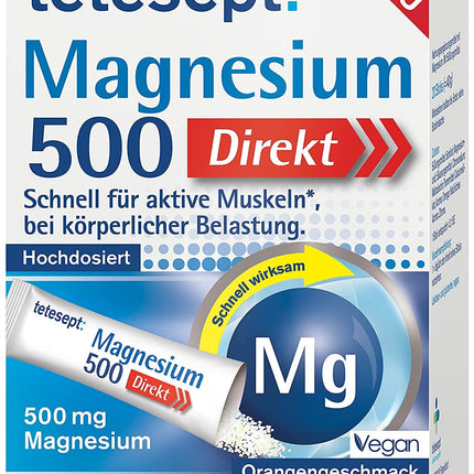 tetesept Magnesium 500 Direct – 1 x 20 Direct Sticks – Uztura bagātinātājs ar magnija pulveri lietošanai bez ūdens – Ātri aktīviem muskuļiem