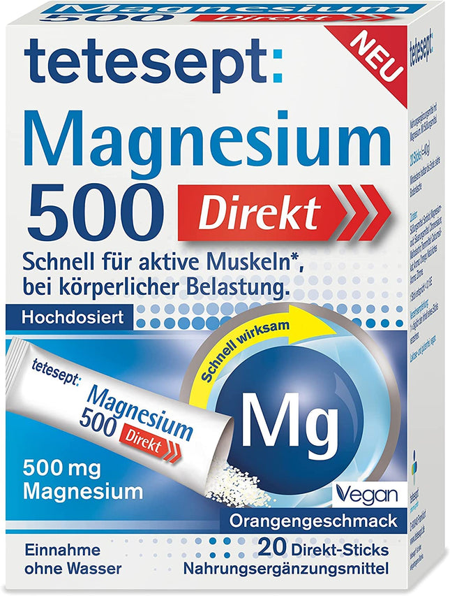 tetesept Magnesium 500 Direct – 1 x 20 Direct Sticks – Uztura bagātinātājs ar magnija pulveri lietošanai bez ūdens – Ātri aktīviem muskuļiem