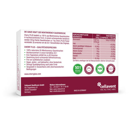 ASV Montmorency skābo ķiršu kapsulas – augsta skābo ķiršu ekstrakta deva – 55 000 mg dienā – Cherry PLUS