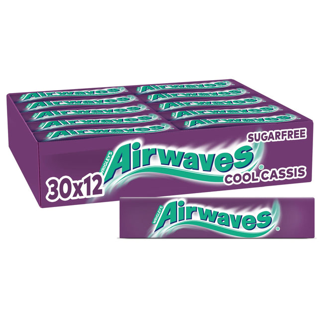 Airwaves bezcukura košļājamā gumija, vēsa Cassis košļājamā gumija, 30 x 12 dražejas, liels košļājamās gumijas iepakojums, bezcukura košļājamā gumija ar piparmētru svaigumu (360 dražejas)