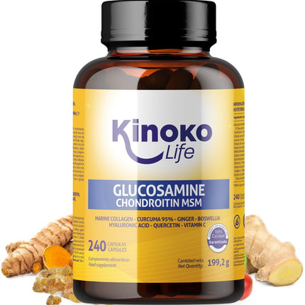 Kinoko life glikozamīns un hondroitīns – 240 kapsulas ar MSM, jūras kolagēnu, hialuronskābi, kurkumu, melnajiem pipariem, ingveru, bosvēliju un kvercetīnu. Locītavām, skrimšļiem un kauliem