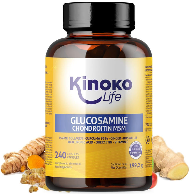 Kinoko life glikozamīns un hondroitīns – 240 kapsulas ar MSM, jūras kolagēnu, hialuronskābi, kurkumu, melnajiem pipariem, ingveru, bosvēliju un kvercetīnu. Locītavām, skrimšļiem un kauliem